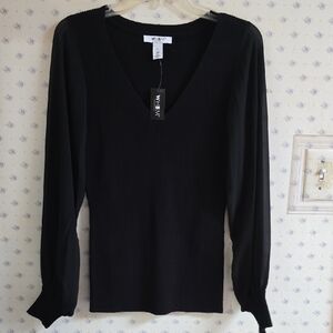 White House Black Market Fitted Ribbed Black Blouse